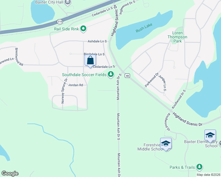 map of restaurants, bars, coffee shops, grocery stores, and more near 5454 Jericho Rd in Baxter