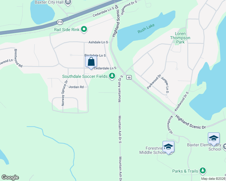 map of restaurants, bars, coffee shops, grocery stores, and more near 5454 Jericho Rd in Baxter