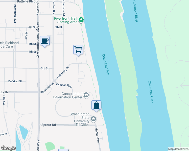 map of restaurants, bars, coffee shops, grocery stores, and more near Riverfront Trail in Richland