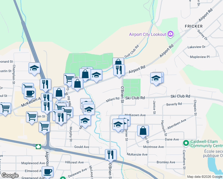 map of restaurants, bars, coffee shops, grocery stores, and more near Morland Avenue in North Bay