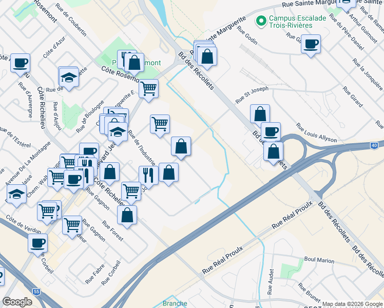 map of restaurants, bars, coffee shops, grocery stores, and more near 2550 Rue de la Sidbec Sud in Trois-Rivières