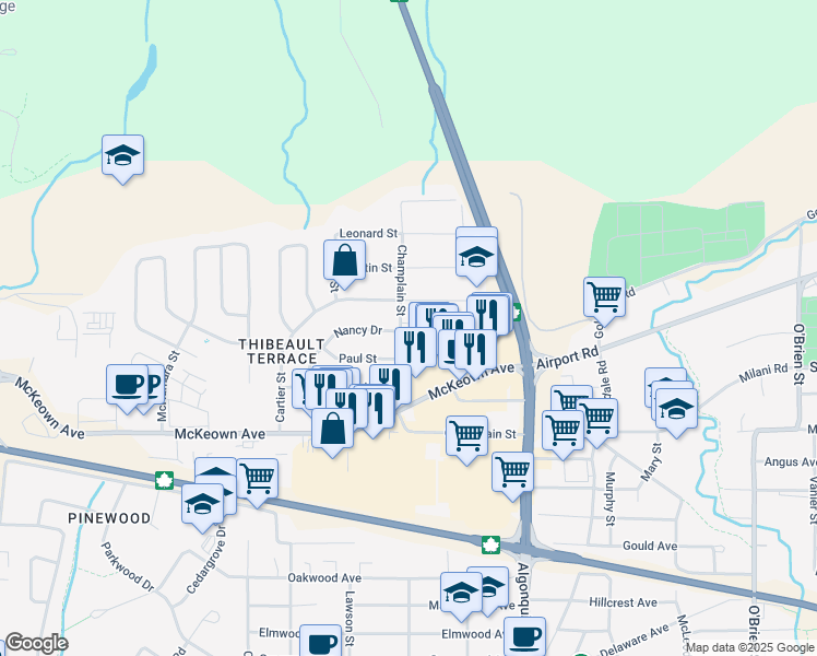 map of restaurants, bars, coffee shops, grocery stores, and more near 388 Champlain Street in North Bay