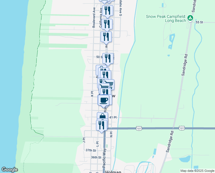 map of restaurants, bars, coffee shops, grocery stores, and more near in Seaview