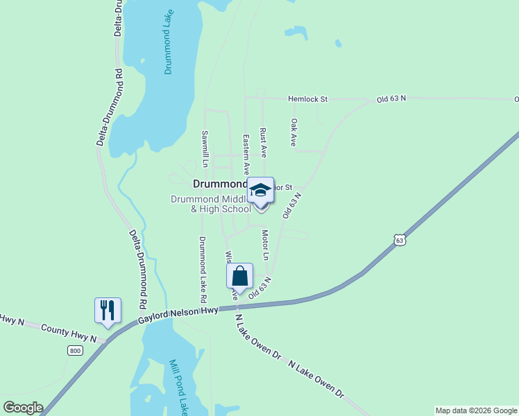 map of restaurants, bars, coffee shops, grocery stores, and more near 52440 Eastern Avenue in Drummond