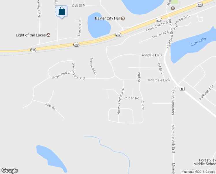 map of restaurants, bars, coffee shops, grocery stores, and more near 5032 Jordan Road in Baxter