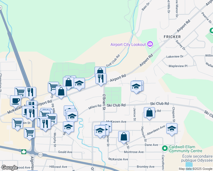 map of restaurants, bars, coffee shops, grocery stores, and more near 411 Airport Road in North Bay