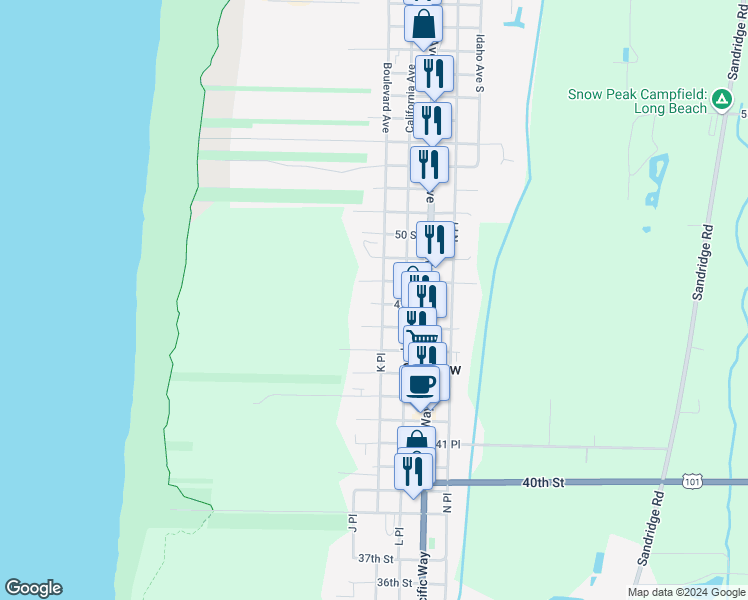 map of restaurants, bars, coffee shops, grocery stores, and more near 4707 K Place in Seaview