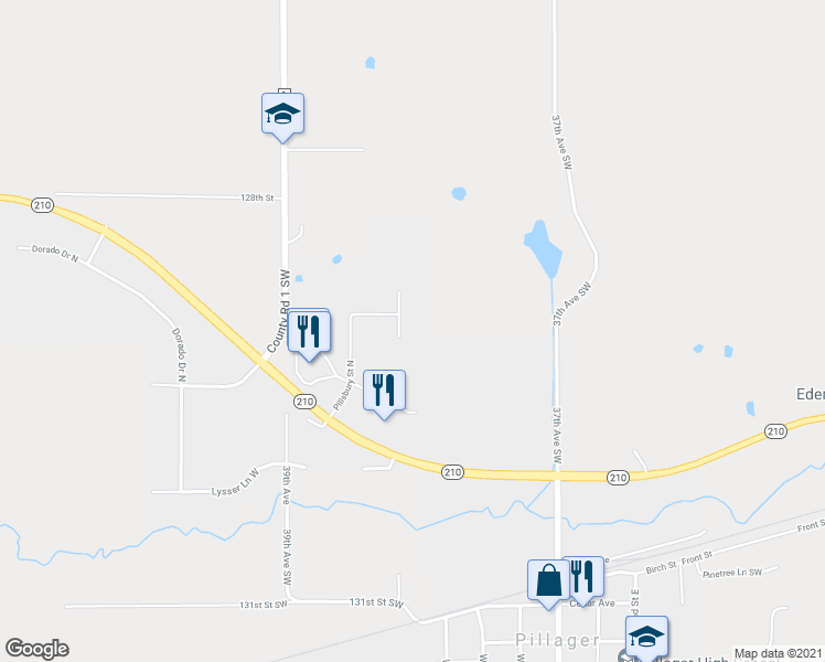 map of restaurants, bars, coffee shops, grocery stores, and more near 925 Meadowview Lane North in Pillager