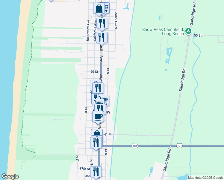 map of restaurants, bars, coffee shops, grocery stores, and more near 1410 48th Street in Long Beach
