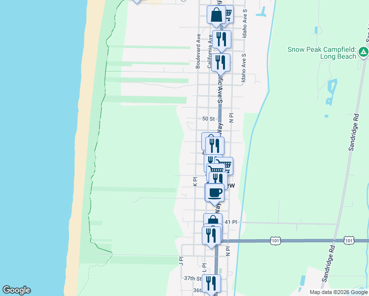 map of restaurants, bars, coffee shops, grocery stores, and more near 4707 K Place in Seaview