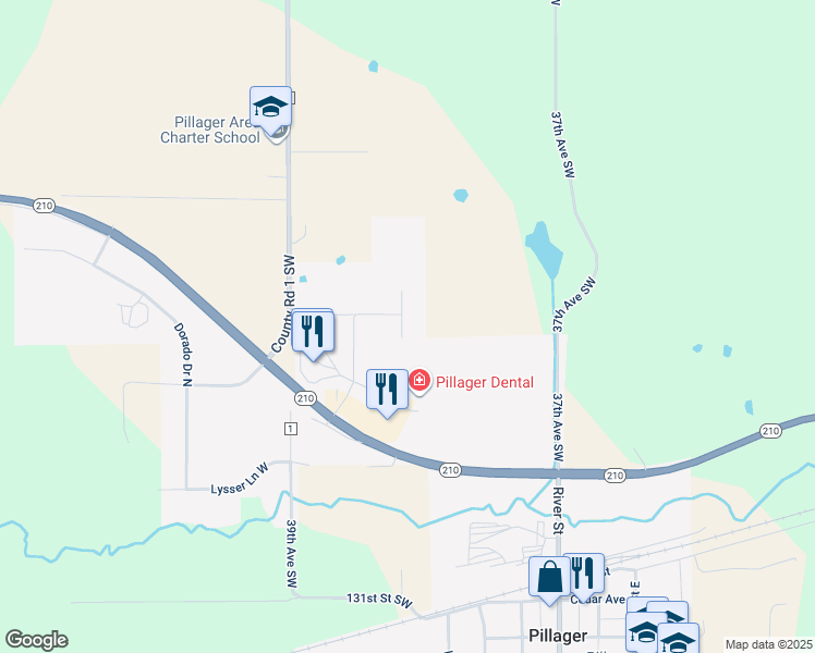 map of restaurants, bars, coffee shops, grocery stores, and more near 925 Meadowview Lane North in Pillager