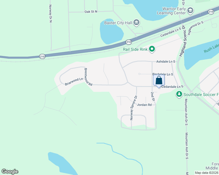 map of restaurants, bars, coffee shops, grocery stores, and more near 4993 Brentwood Drive South in Baxter