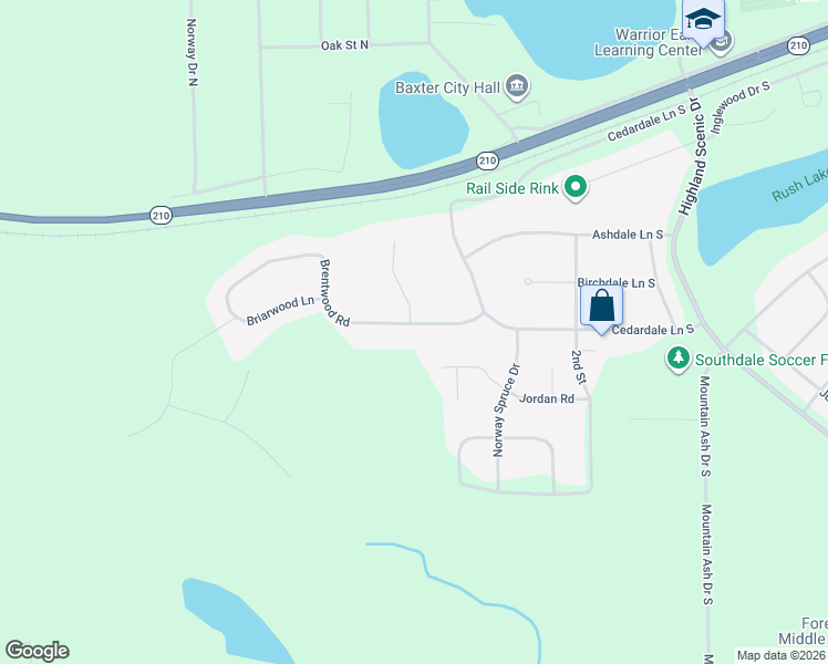 map of restaurants, bars, coffee shops, grocery stores, and more near 4993 Brentwood Drive South in Baxter