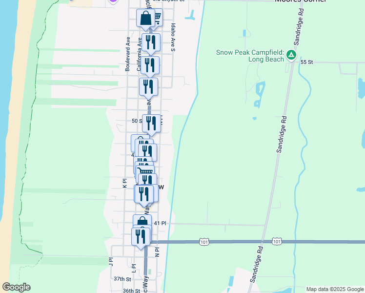 map of restaurants, bars, coffee shops, grocery stores, and more near 1420 48th Street in Long Beach