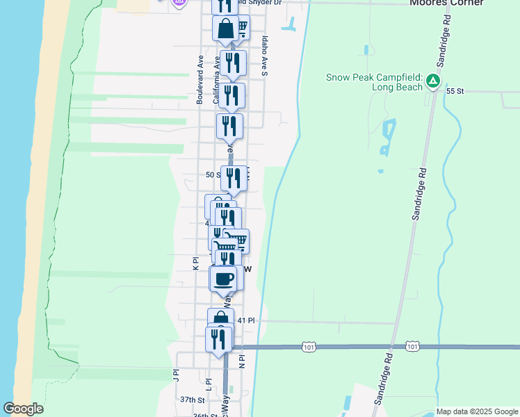 map of restaurants, bars, coffee shops, grocery stores, and more near 1410 48th Street in Long Beach