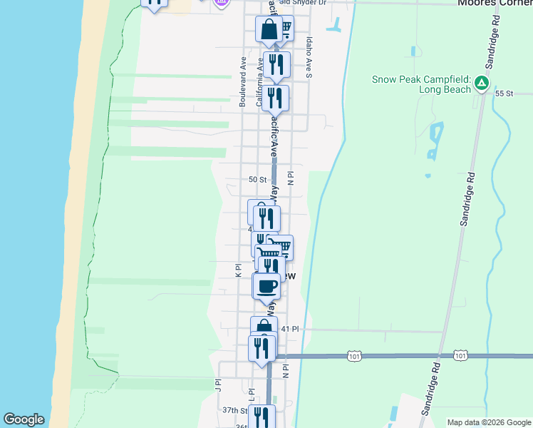 map of restaurants, bars, coffee shops, grocery stores, and more near 4700 Pacific Avenue in Long Beach