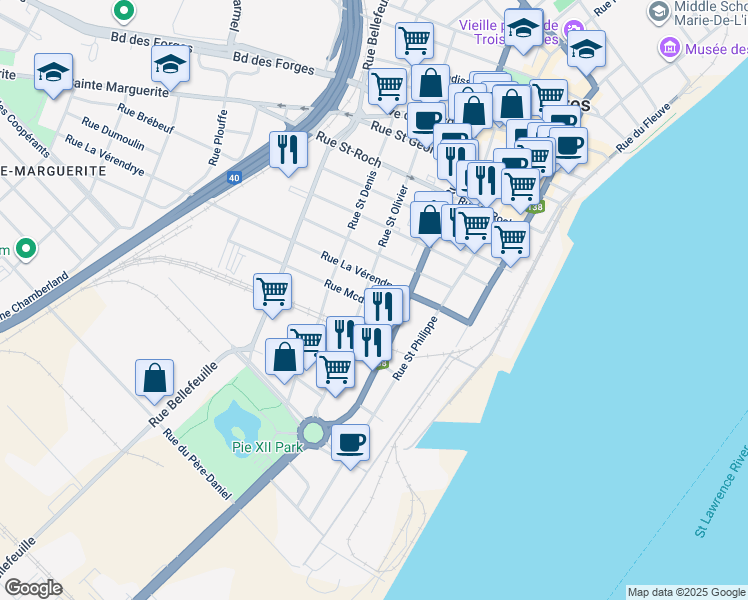 map of restaurants, bars, coffee shops, grocery stores, and more near 550 Rue Mcdougall in Trois-Rivières
