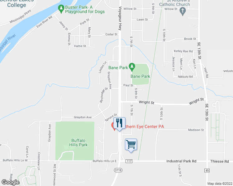 map of restaurants, bars, coffee shops, grocery stores, and more near 1806 South 6th Street in Brainerd