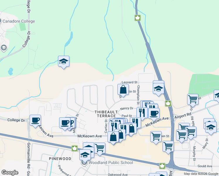 map of restaurants, bars, coffee shops, grocery stores, and more near 56 Kathryn Crescent in North Bay