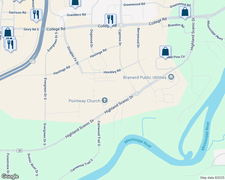 map of restaurants, bars, coffee shops, grocery stores, and more near 7802 Highland Scenic Rd in Baxter