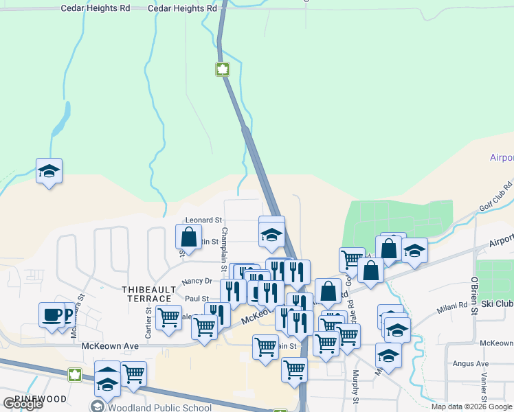 map of restaurants, bars, coffee shops, grocery stores, and more near 213 Leonard Street in North Bay