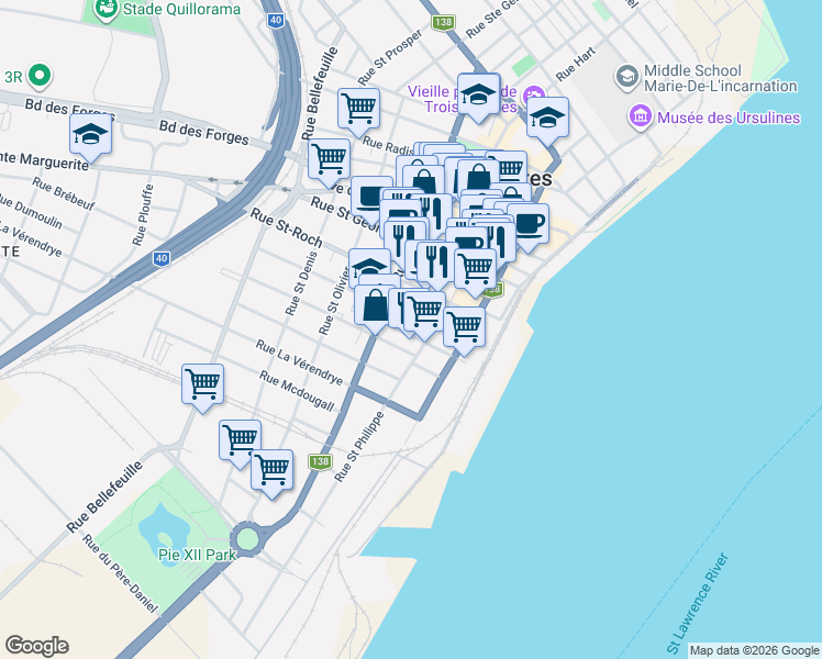 map of restaurants, bars, coffee shops, grocery stores, and more near 286 Rue Sainte Élisabeth in Trois-Rivières
