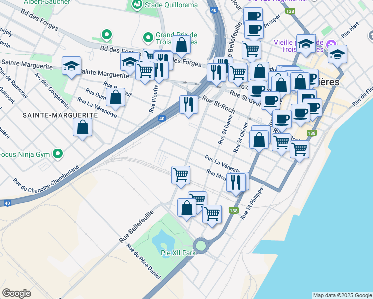 map of restaurants, bars, coffee shops, grocery stores, and more near 2000 Rue Bellefeuille in Trois-Rivières
