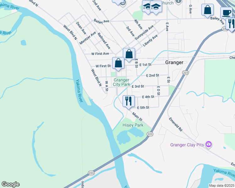 map of restaurants, bars, coffee shops, grocery stores, and more near Main Street in Granger
