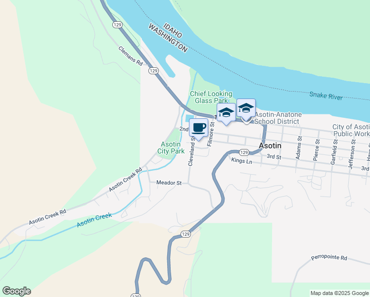 map of restaurants, bars, coffee shops, grocery stores, and more near 218 Cleveland Street in Asotin