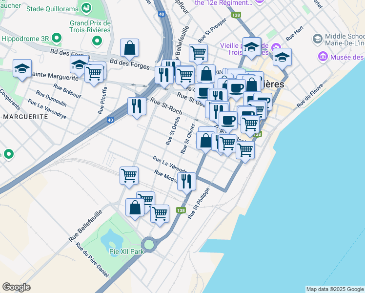 map of restaurants, bars, coffee shops, grocery stores, and more near 583 Rue Gervais in Trois-Rivières