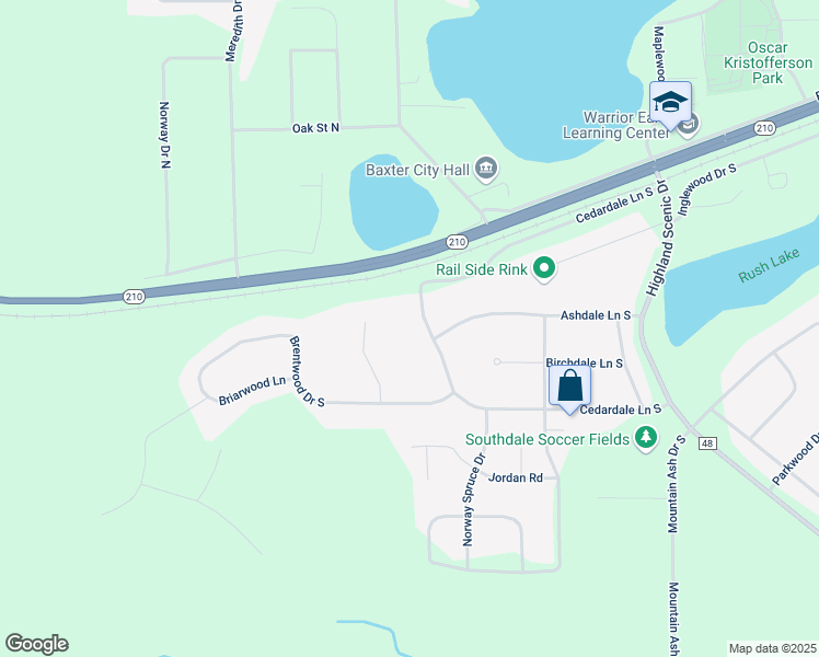 map of restaurants, bars, coffee shops, grocery stores, and more near 5058 Cedardale Lane South in Baxter