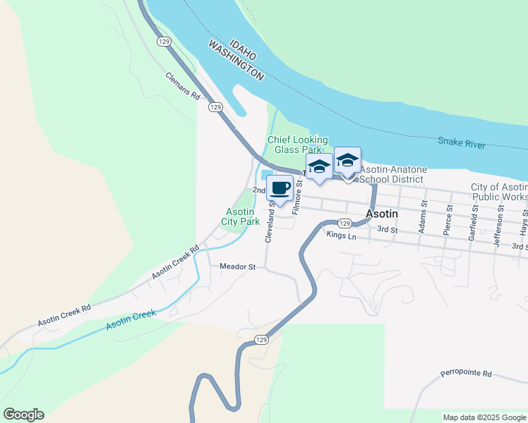 map of restaurants, bars, coffee shops, grocery stores, and more near 218 Cleveland Street in Asotin