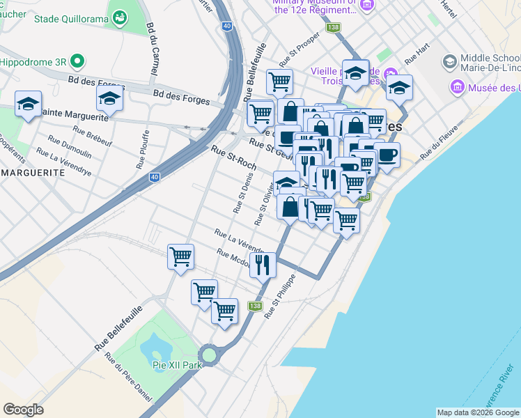 map of restaurants, bars, coffee shops, grocery stores, and more near 1870 Rue Saint Olivier in Trois-Riviã¨Res