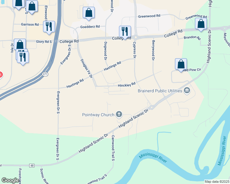 map of restaurants, bars, coffee shops, grocery stores, and more near 7802 Highland Scenic Road in Baxter
