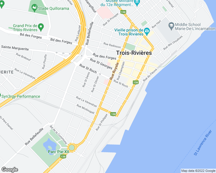 map of restaurants, bars, coffee shops, grocery stores, and more near Rue Royale in Trois-Rivières