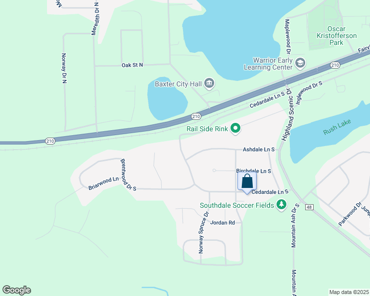 map of restaurants, bars, coffee shops, grocery stores, and more near 5058 Cedardale Lane South in Baxter