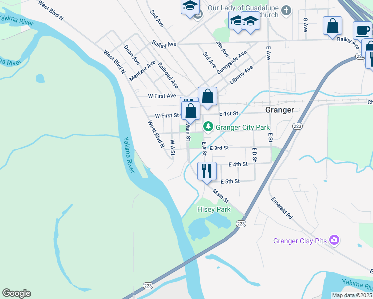 map of restaurants, bars, coffee shops, grocery stores, and more near Main St in Granger