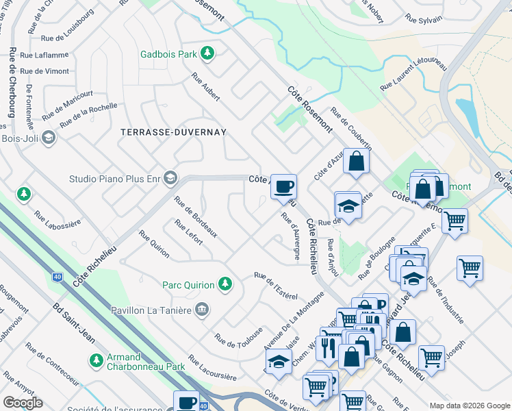 map of restaurants, bars, coffee shops, grocery stores, and more near 3430 Rue de Lyon in Trois-Rivières
