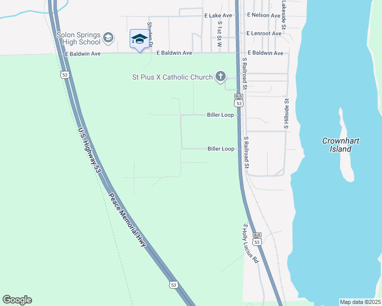 map of restaurants, bars, coffee shops, grocery stores, and more near 9120 Biller Loop in Solon Springs