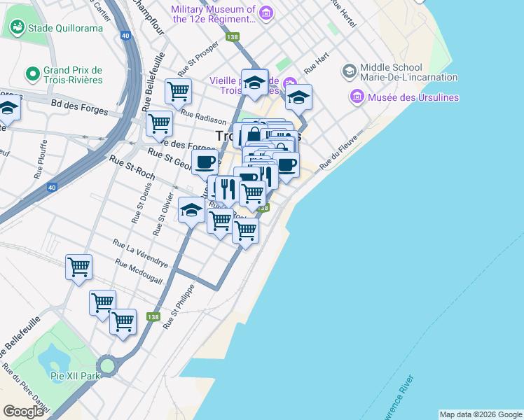 map of restaurants, bars, coffee shops, grocery stores, and more near 1675 Rue Notre Dame Centre in Trois-Rivières