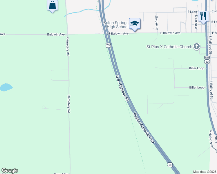 map of restaurants, bars, coffee shops, grocery stores, and more near 11704 Cemetery Road in Solon Springs