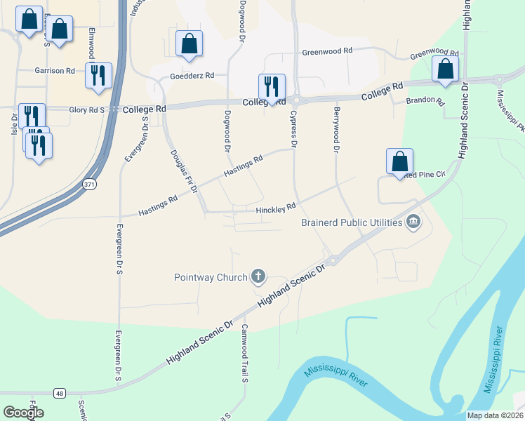 map of restaurants, bars, coffee shops, grocery stores, and more near 7802 Highland Scenic Road in Baxter