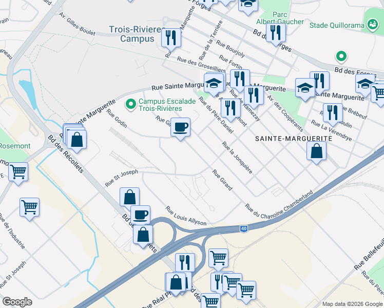 map of restaurants, bars, coffee shops, grocery stores, and more near 2925 Rue Girard in Trois-Rivières
