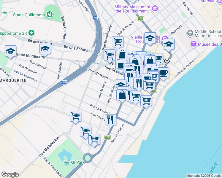 map of restaurants, bars, coffee shops, grocery stores, and more near 585 Rue Bureau in Trois-Rivières