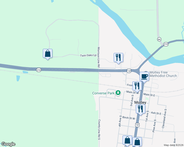 map of restaurants, bars, coffee shops, grocery stores, and more near 34043 Sunset Loop in Motley