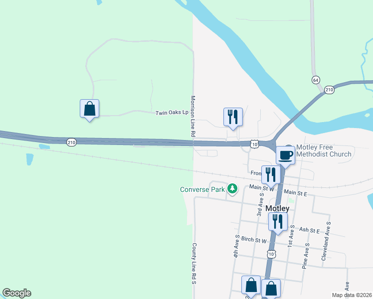 map of restaurants, bars, coffee shops, grocery stores, and more near 34043 Sunset Loop in Motley