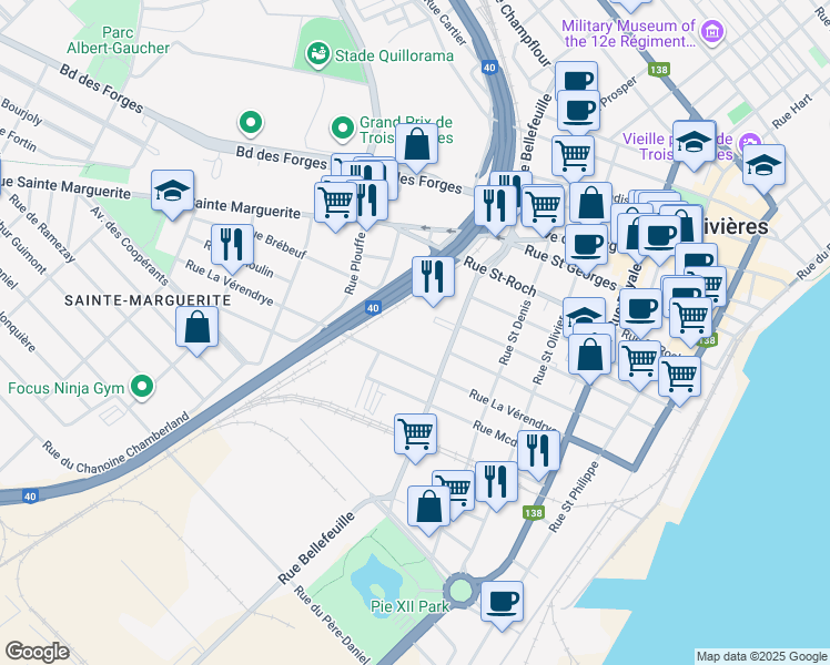 map of restaurants, bars, coffee shops, grocery stores, and more near 2000 Rue Bellefeuille in Trois-Rivières