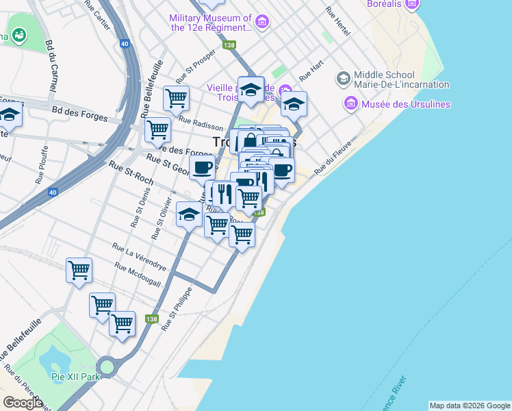 map of restaurants, bars, coffee shops, grocery stores, and more near 1675 Rue Notre Dame Centre in Trois-Rivières