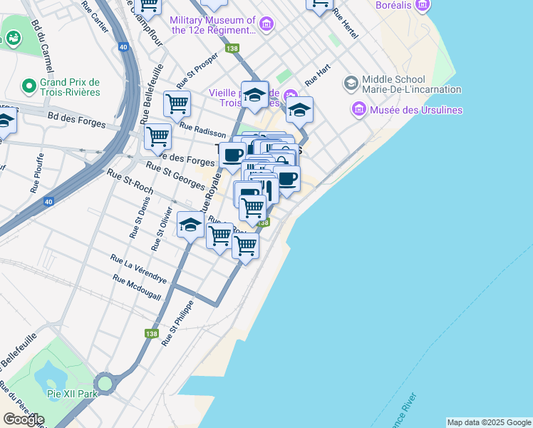 map of restaurants, bars, coffee shops, grocery stores, and more near 1675 Rue Notre Dame Centre in Trois-Rivières