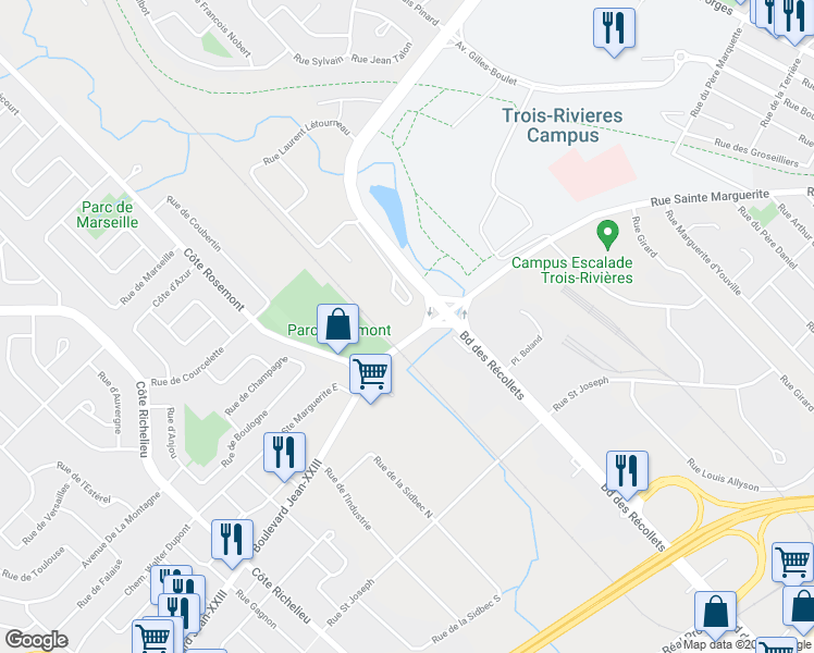 map of restaurants, bars, coffee shops, grocery stores, and more near 3766 Boulevard Jean-XXIII in Trois-Rivières